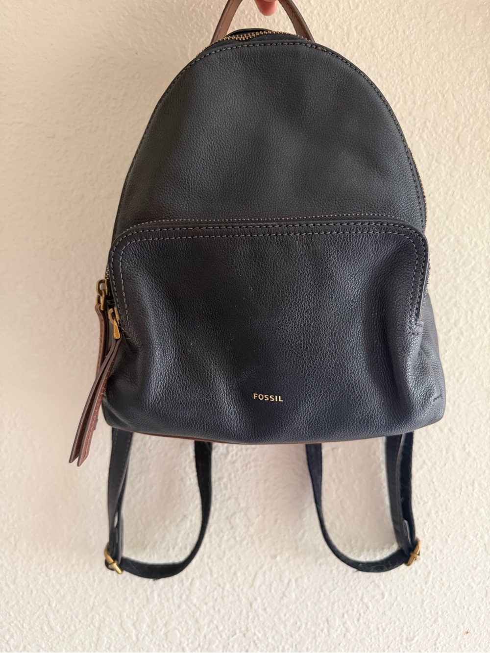 Fossil Black Leather Backpack with Brown Trim